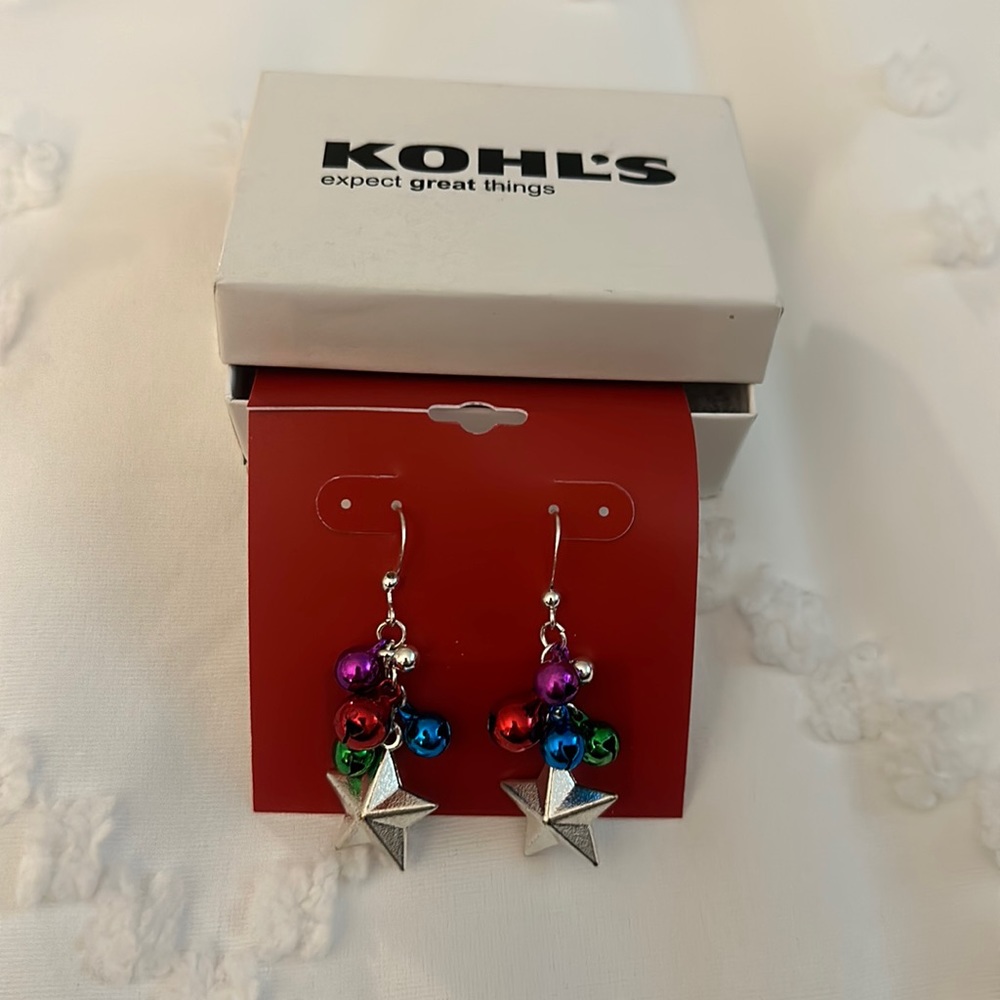 Festive/Holiday jingle bell silver star earrings